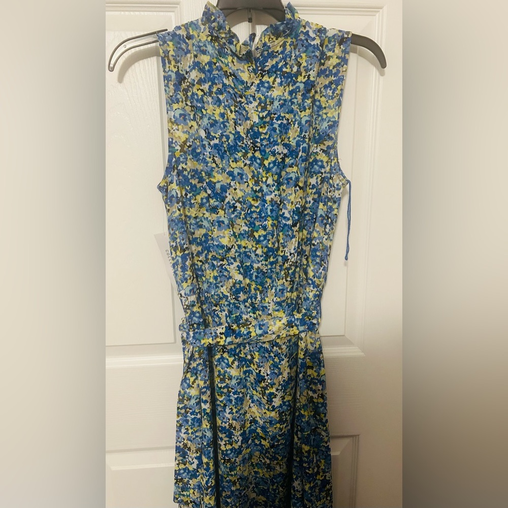 London Style Long wrap style blue floral print sleeveless dress